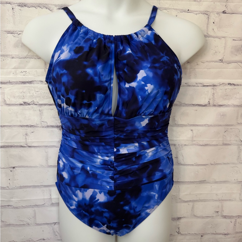 Magicsuit Kat Size 16 Slimming One Piece High Neck Blue Swimsuit Shirred Keyhole